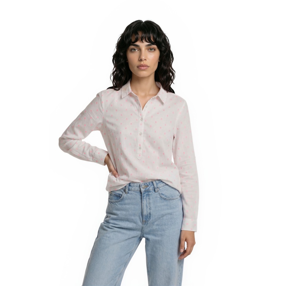 Talbots Petite Blouse Women's Size Medium MP White Pink Swiss Dot Popover Top